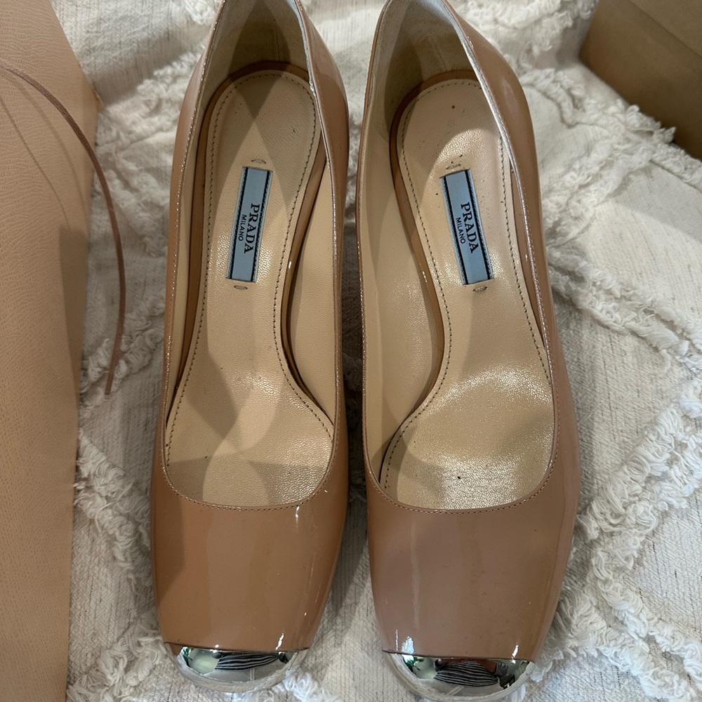Prada Women's Tan Pumps with Silver Accents